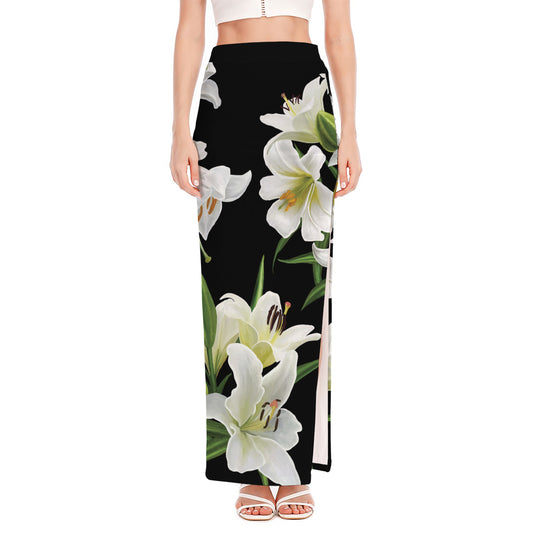 White Lily Print High Slit Maxi Skirt