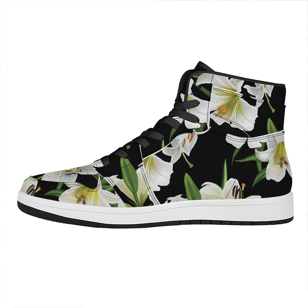 White Lily Print High Top Leather Sneakers