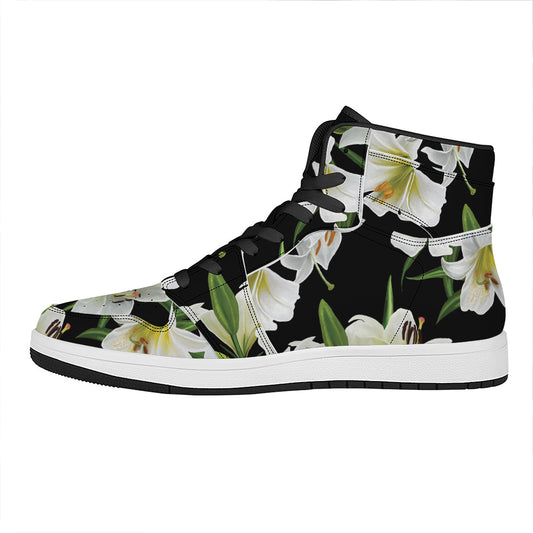 White Lily Print High Top Leather Sneakers