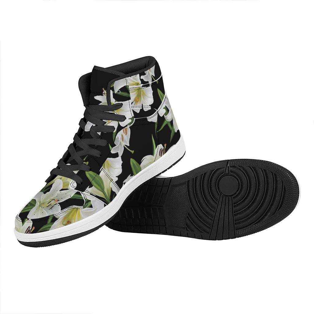 White Lily Print High Top Leather Sneakers