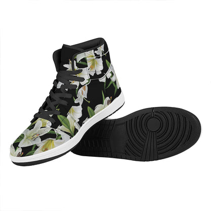 White Lily Print High Top Leather Sneakers