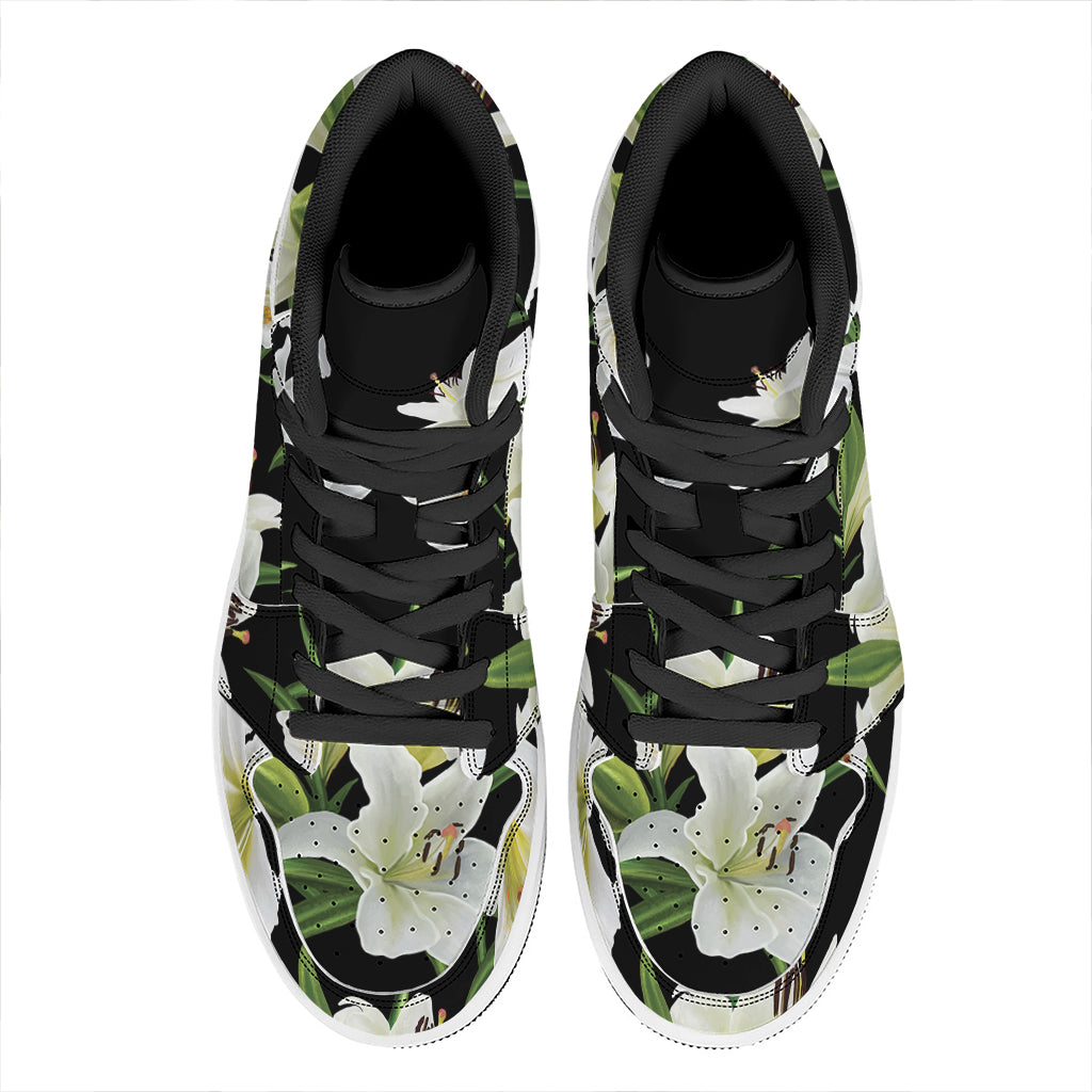 White Lily Print High Top Leather Sneakers