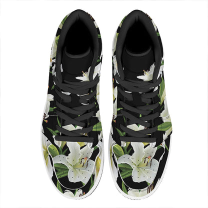 White Lily Print High Top Leather Sneakers