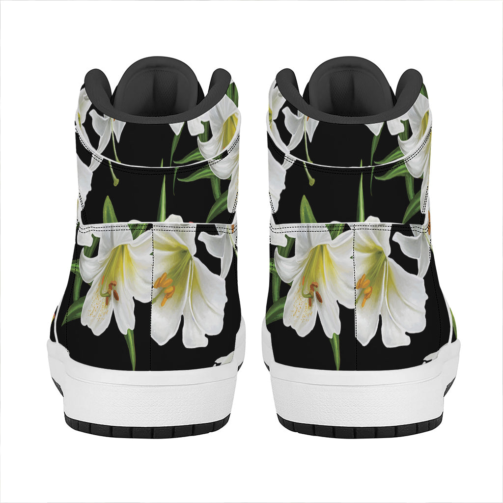 White Lily Print High Top Leather Sneakers