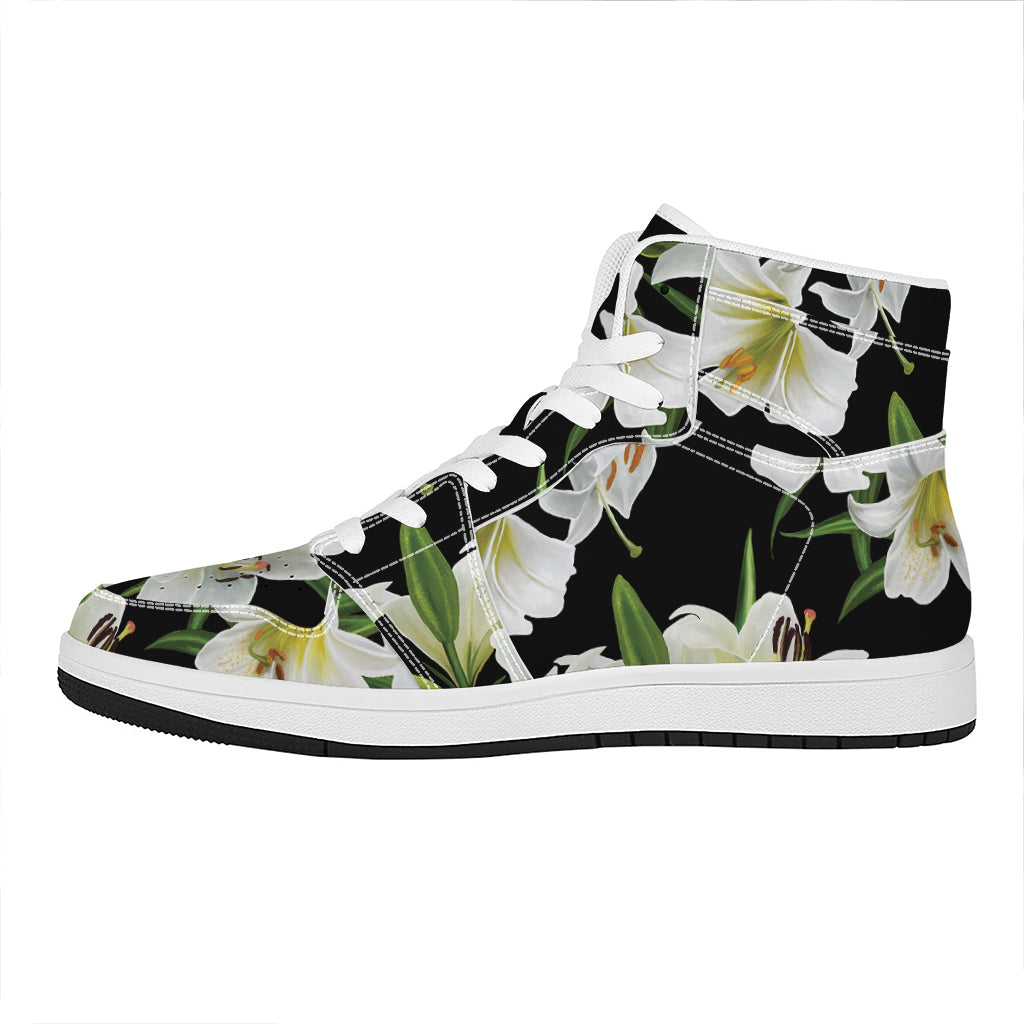 White Lily Print High Top Leather Sneakers