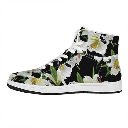 White Lily Print High Top Leather Sneakers