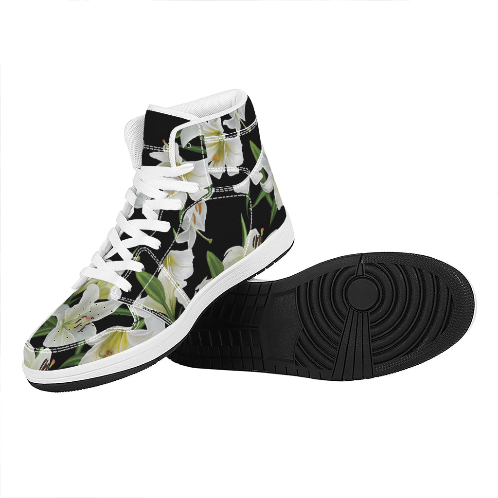 White Lily Print High Top Leather Sneakers