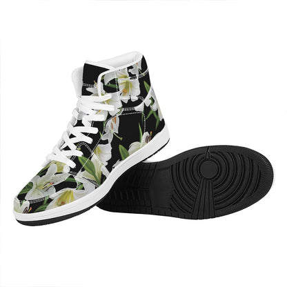 White Lily Print High Top Leather Sneakers