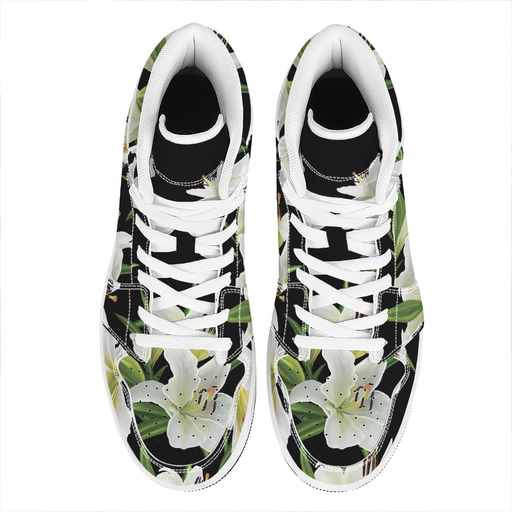 White Lily Print High Top Leather Sneakers