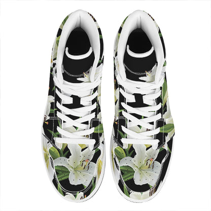 White Lily Print High Top Leather Sneakers