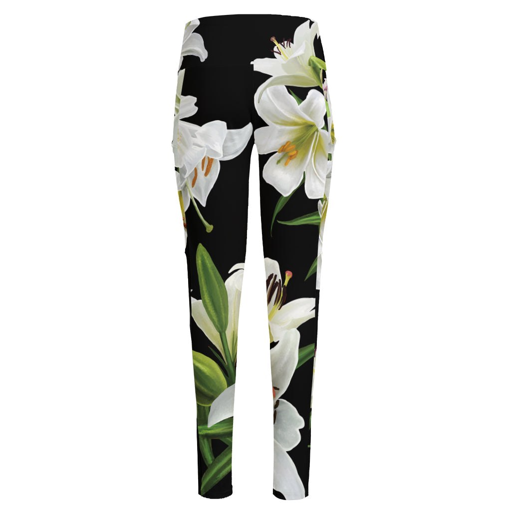 White Lily Print High-Waisted Pocket Leggings