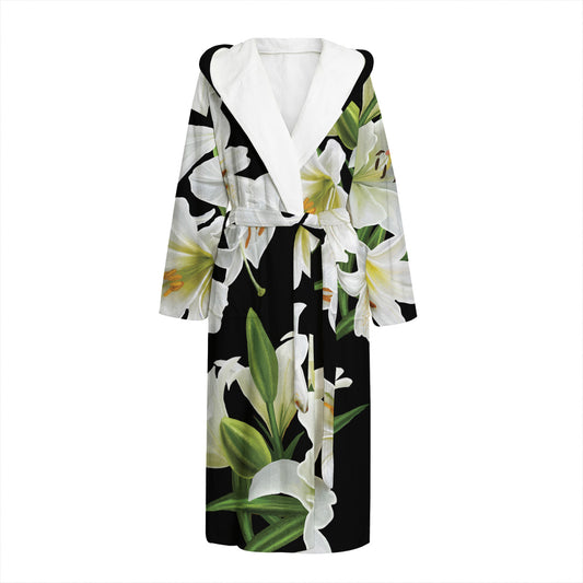 White Lily Print Hooded Bathrobe