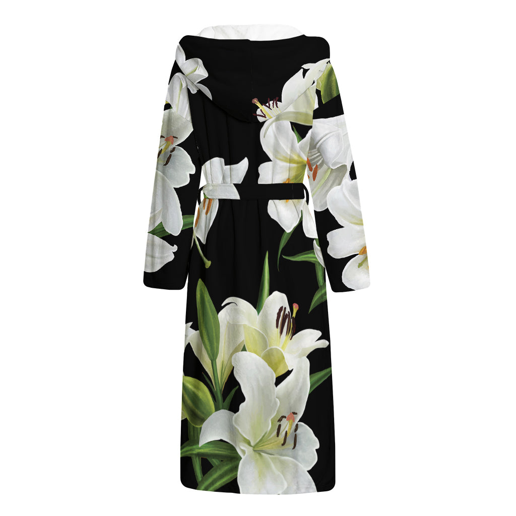 White Lily Print Hooded Bathrobe