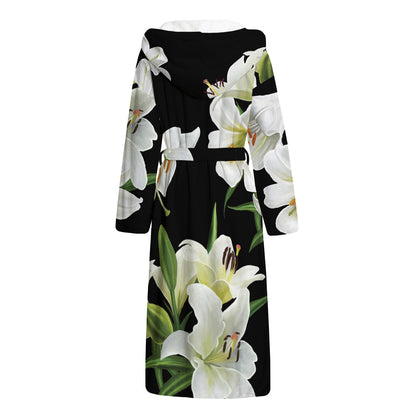 White Lily Print Hooded Bathrobe