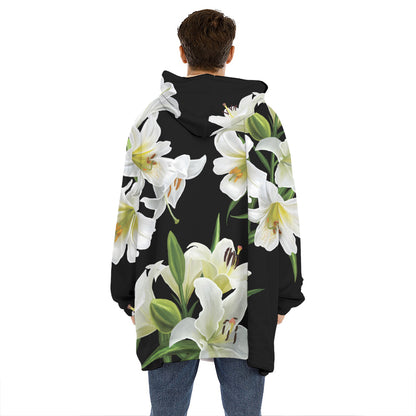 White Lily Print Hoodie Blanket