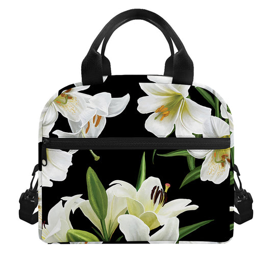 White Lily Print Insulated Lunch Bag