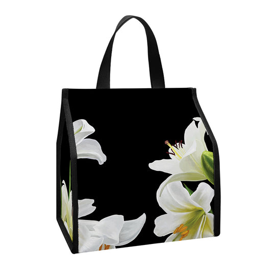 White Lily Print Insulated Lunch Tote