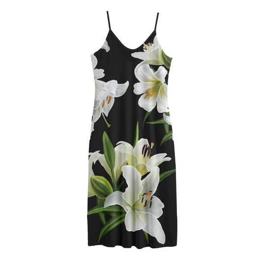 White Lily Print Jersey Midi Cami Dress
