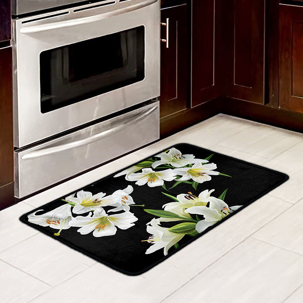 White Lily Print Kitchen Mat