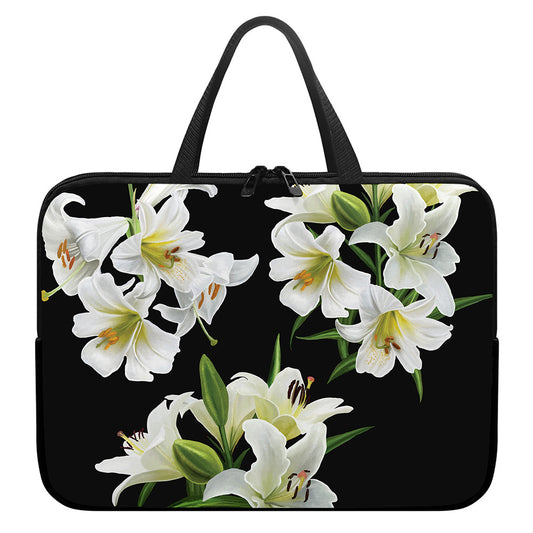 White Lily Print Laptop Sleeve With Handle