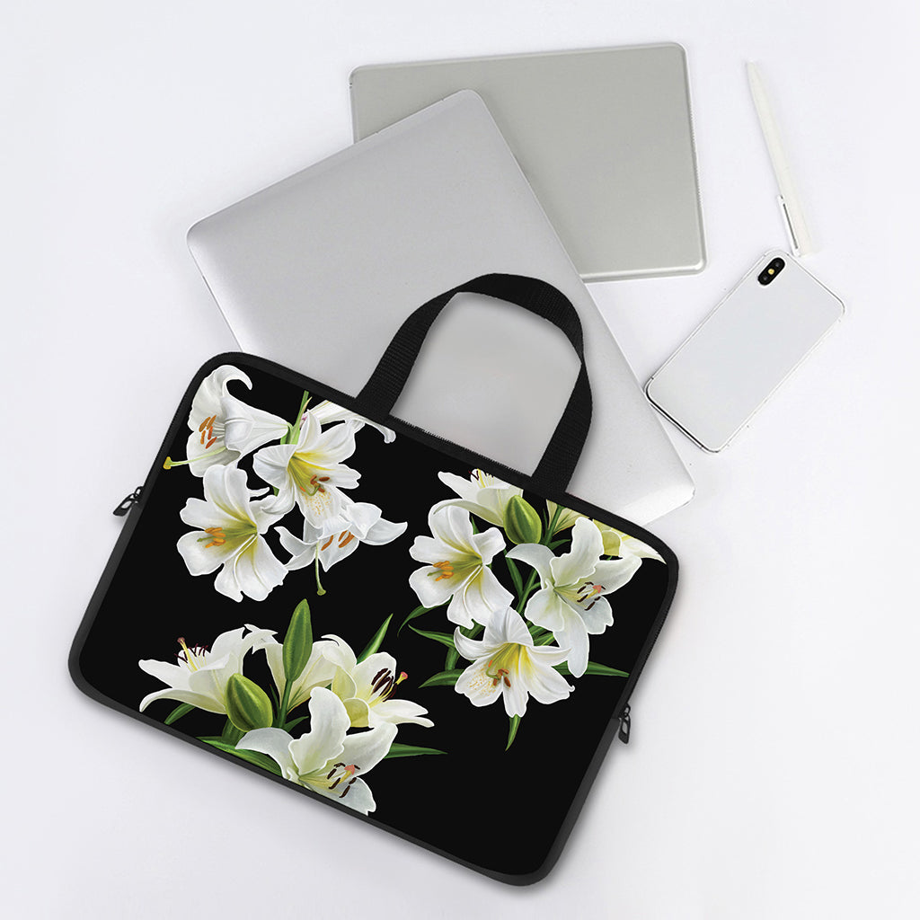 White Lily Print Laptop Sleeve With Handle