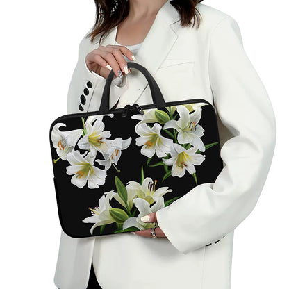 White Lily Print Laptop Sleeve With Handle