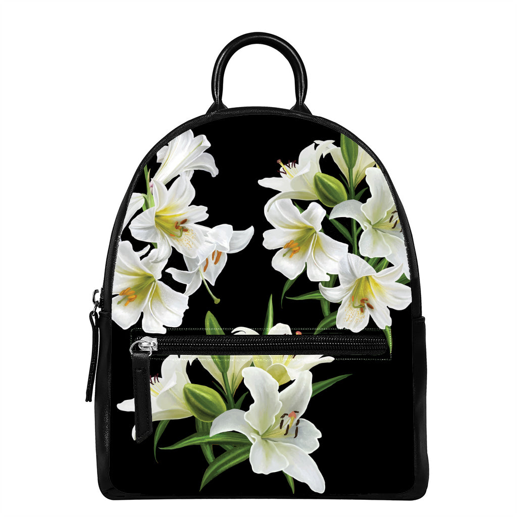 White Lily Print Leather Backpack