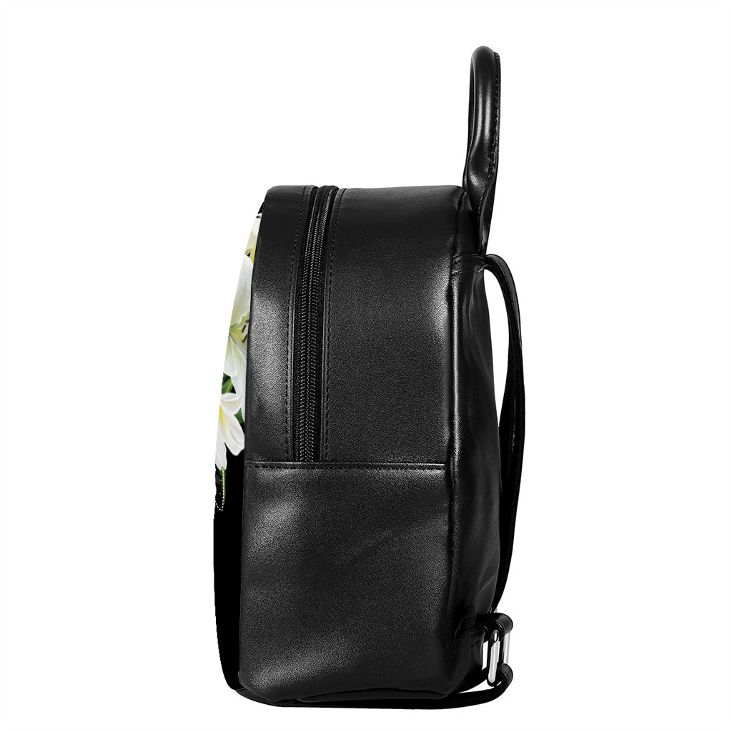 White Lily Print Leather Backpack