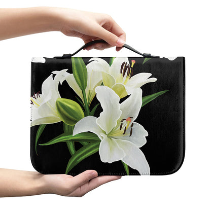 White Lily Print Leather Bible Cover