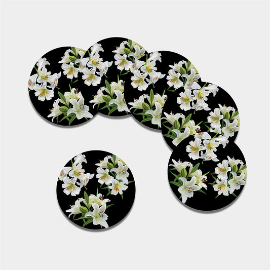 White Lily Print Leather Coaster Set