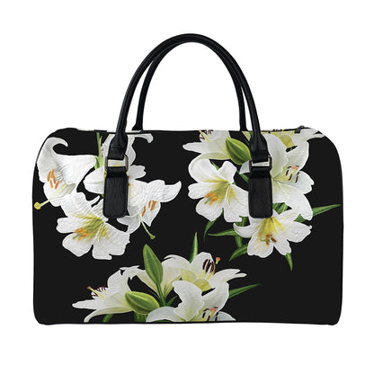White Lily Print Leather Duffle Bag