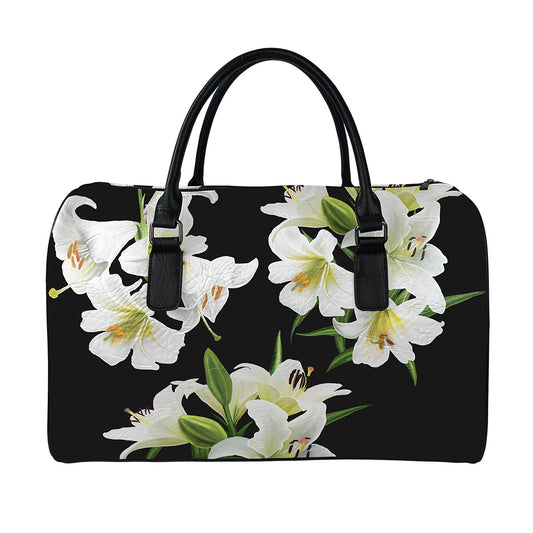 White Lily Print Leather Duffle Bag
