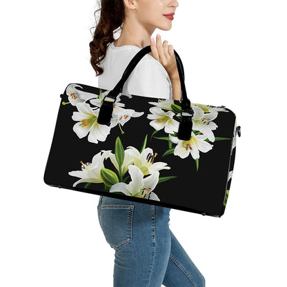 White Lily Print Leather Duffle Bag