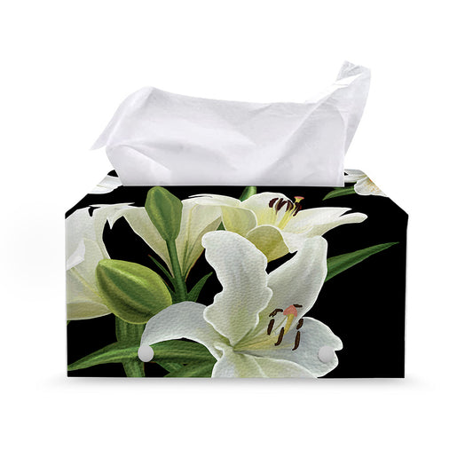 White Lily Print Leather Tissue Box Cover