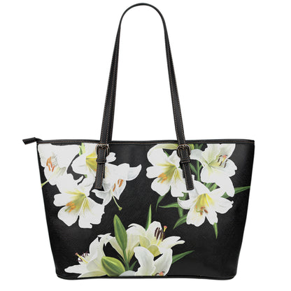 White Lily Print Leather Tote Bag