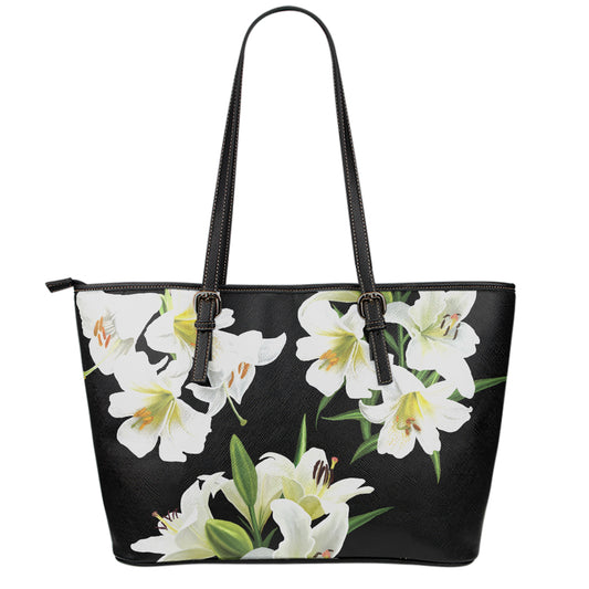 White Lily Print Leather Tote Bag