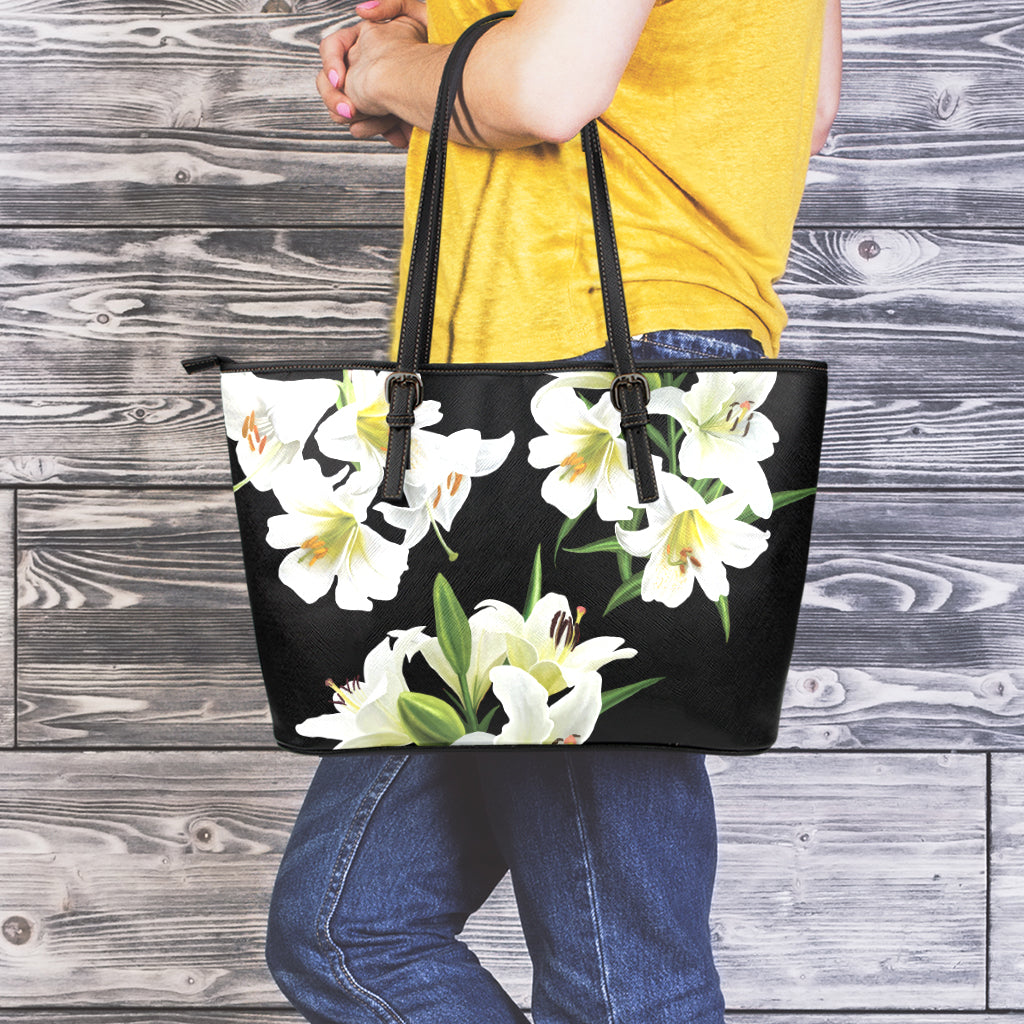 White Lily Print Leather Tote Bag