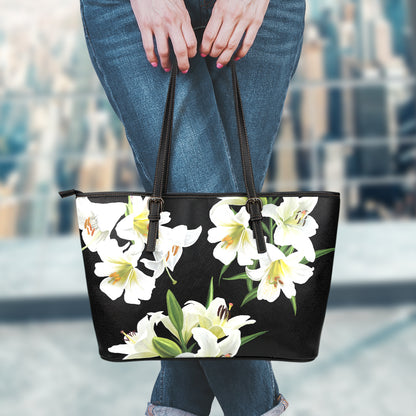 White Lily Print Leather Tote Bag