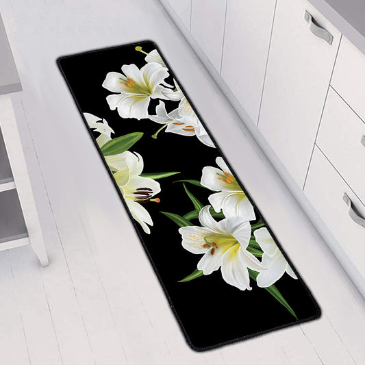 White Lily Print Long Kitchen Mat