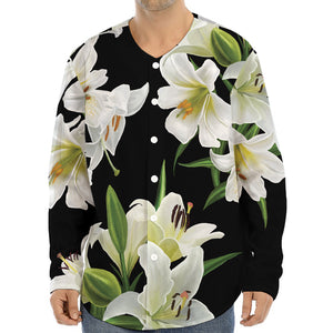 White Lily Print Long Sleeve Baseball Jersey