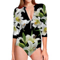 White Lily Print Long Sleeve Swimsuit