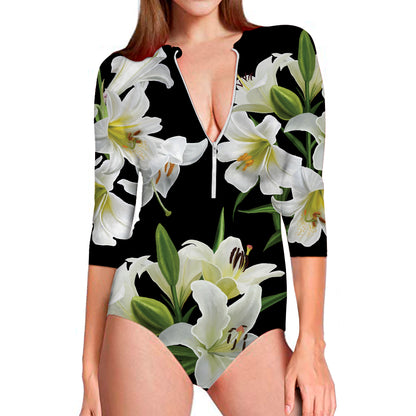 White Lily Print Long Sleeve Swimsuit