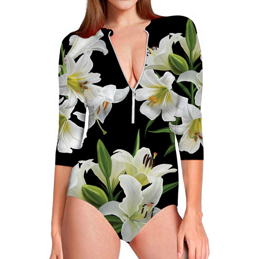 White Lily Print Long Sleeve Swimsuit