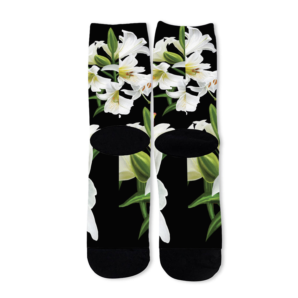 White Lily Print Long Socks