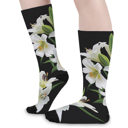 White Lily Print Long Socks