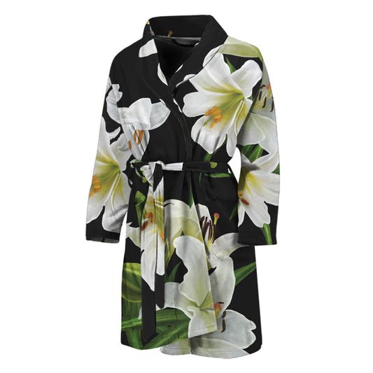 White Lily Print Men's Bathrobe