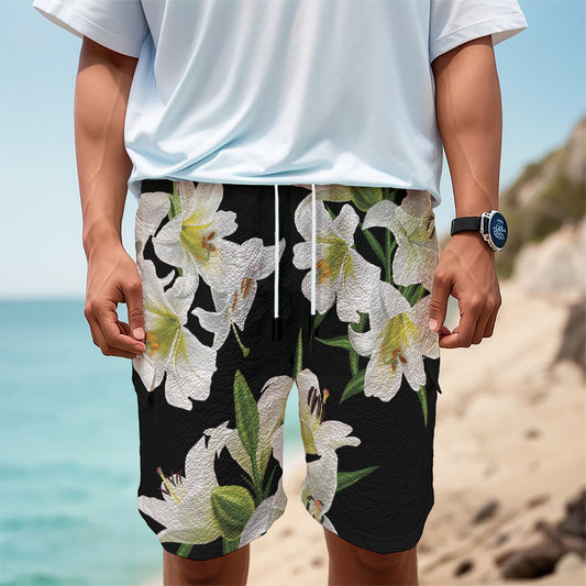 White Lily Print Men's Cargo Shorts