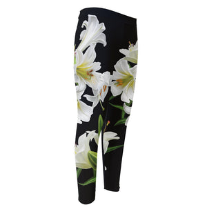 White Lily Print Men's Compression Pants