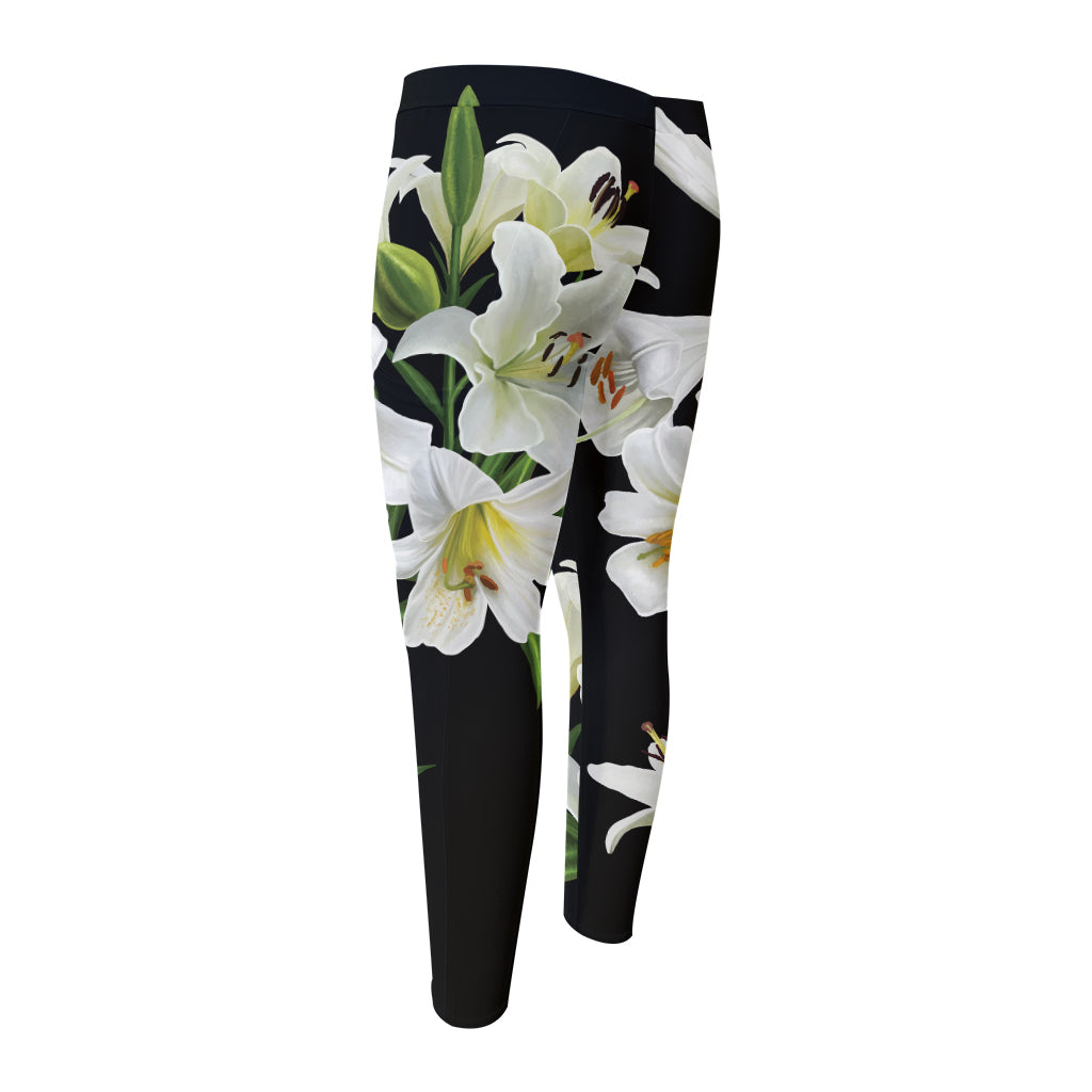 White Lily Print Men's Compression Pants