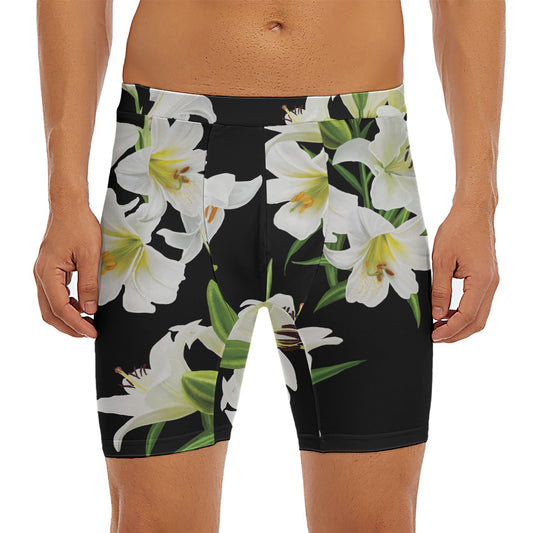 White Lily Print Men's Long Boxer Briefs